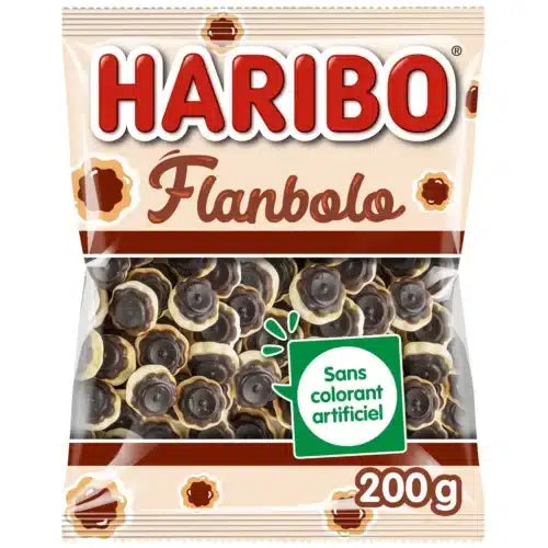A 100g bag of Haribo Flanbolo caramel vanilla gummies by Twice as Sweet (France), in brown and white packaging showing the candies and labeled Sans colorant artificiel (without artificial coloring).