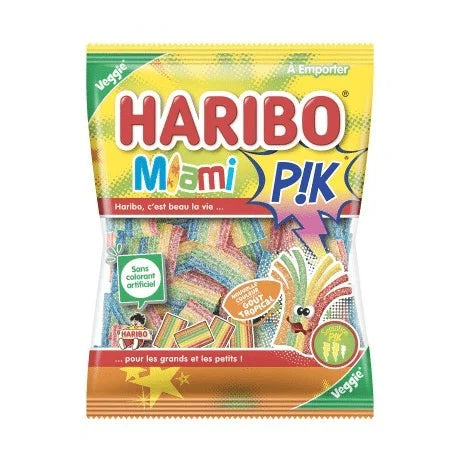 Twice as Sweet’s Haribo Miami Pik 200g (France) features vibrant rainbow packaging with playful French graphics and “Veggie” labeling, showcasing the colorful sour candy strips inside.