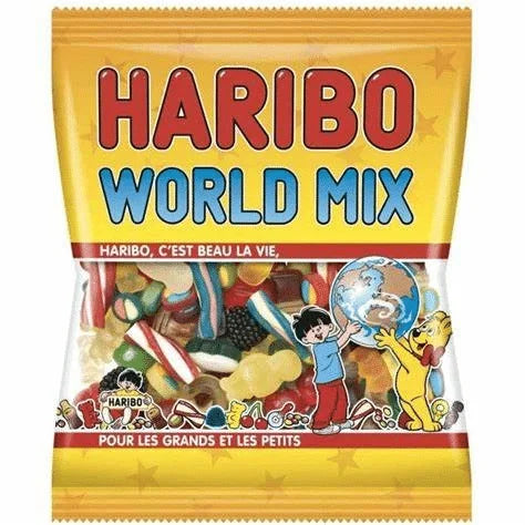 Haribo World Mix 120g (France) by Twice as Sweet features colorful, fruity-shaped gummies in a yellow pack with red and blue text, playful cartoon characters, and a globe illustration.