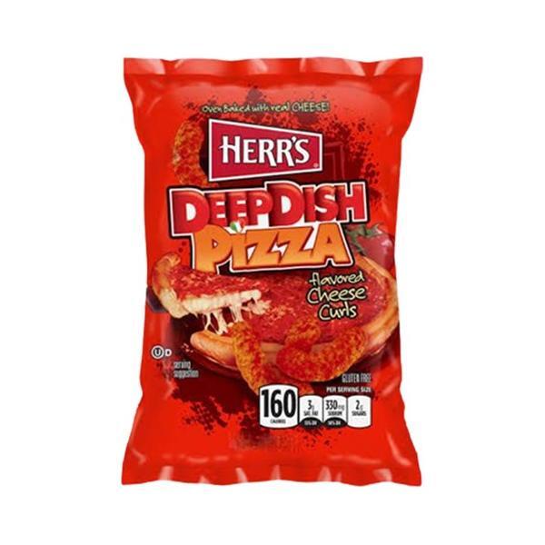 A red bag of Twice as Sweet Herrs Deep Dish Pizza Cheese Curls 198g (USA) features images of cheesy pizza slices and cheese curls, plus the brand logo and nutrition facts on the front.