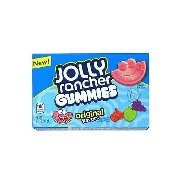 Twice as Sweet Jolly Rancher Gummies Theatre Box 99g (USA) features original flavors, fruit-shaped gummies, colorful graphics, and a cartoon smile on a blue box marked “New!” in the top left corner.