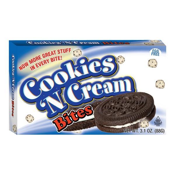 A box of Twice as Sweet Cookies N Cream Cookie Dough Bites (88g, USA), featuring images of cookies and cream and now with more vanilla-flavoured cookie dough in every bite!.