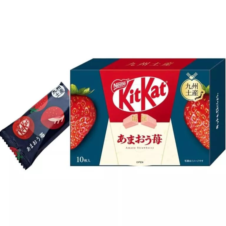 The Twice as Sweet KitKat Amaou Strawberry 10 Piece Box (Japan) features strawberry chocolate and a pink KitKat bar on the packaging with a large strawberry image, plus one individually wrapped KitKat shown beside the box.