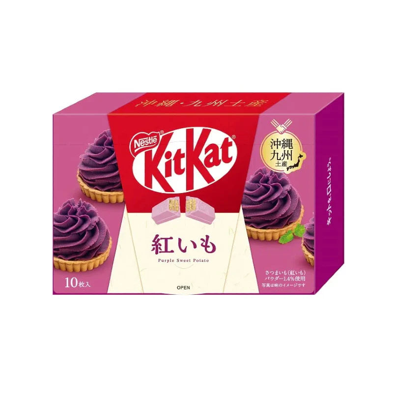 Twice as Sweets KitKat Purple Sweet Potato 10 Piece Box (Japan) features pink packaging with purple sweet potato desserts, Japanese characters, and Purple Sweet Potato text, highlighting this unique Japanese snack.