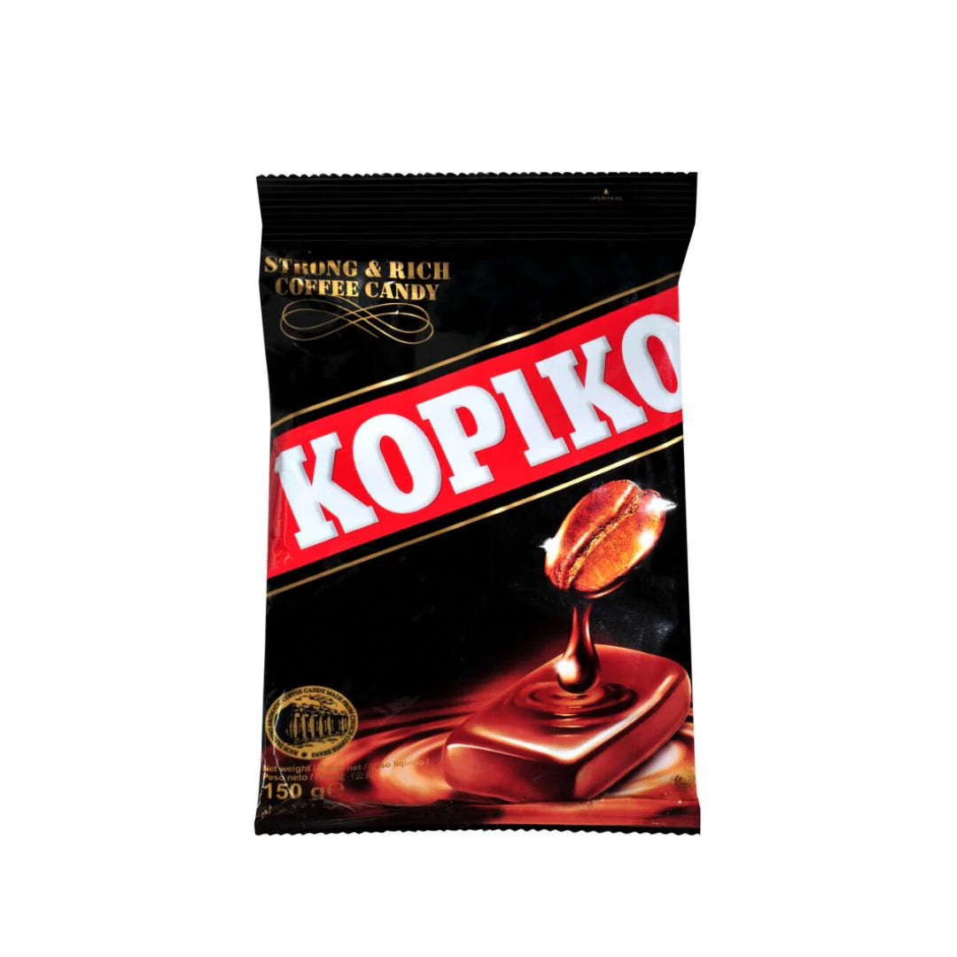A 150g bag of Kopiko Coffee Candy from Twice as Sweet features a bold red and white KOPIKO label and coffee imagery—this popular Indonesian treat offers rich coffee-flavored candy in every pack.