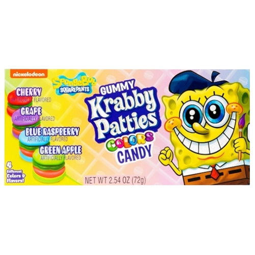 Twice as Sweet Spongebob Krabby Patties Colors Theater Box 72g (China) features SpongeBob’s smiling face and includes cherry, grape, blue raspberry, and green apple gummy flavors.