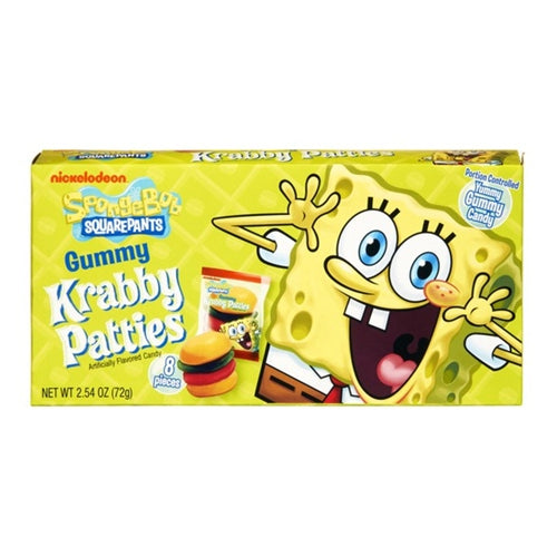 A cheerful yellow Spongebob Krabby Patties Theater Box (72g, 8 pieces) by Twice as Sweet features a fun Spongebob design and displays the gummies inside.