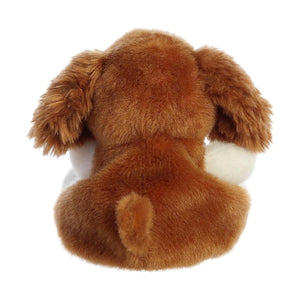 A palm-sized Palm Pal Lady Spaniel plush toy by Twice as Sweet, with soft brown fur, floppy ears, a small tail, and white paws, is shown from behind on a white background.