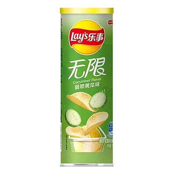 Twice as Sweet Lays Cucumber Flavoured Chips 90g (China) come in a green can with cucumber and chip images, featuring Chinese and English text—a unique snack offering a refreshing cucumber taste.