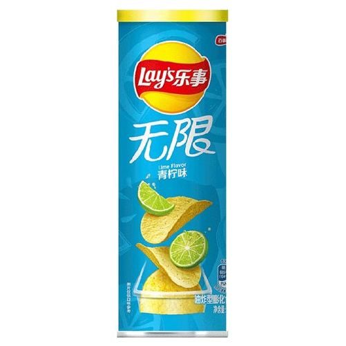 A blue can of Twice as Sweet Lays Lime Flavoured Chips 90g (China) with Chinese text, showing potato chips and lime slices. The Lay’s logo is at the top, offering a refreshing lime chips snack.