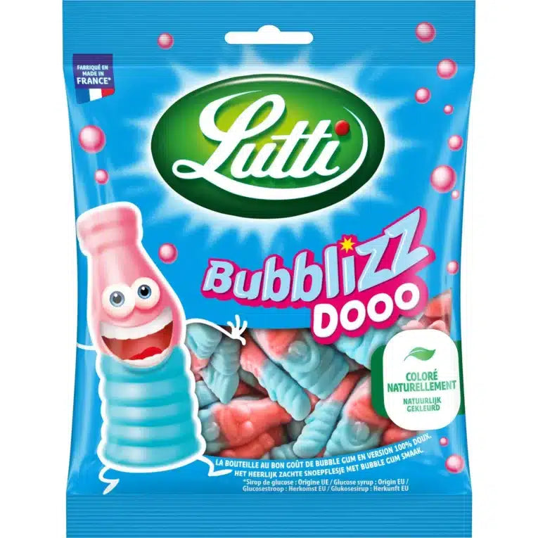 The Twice as Sweet Lutti Bubblizz Dooo 180g (France) features pink and blue bottle-shaped bubblegum gummies in a vibrant package with green branding and an animated smiling candy bottle on a blue bubbly background.