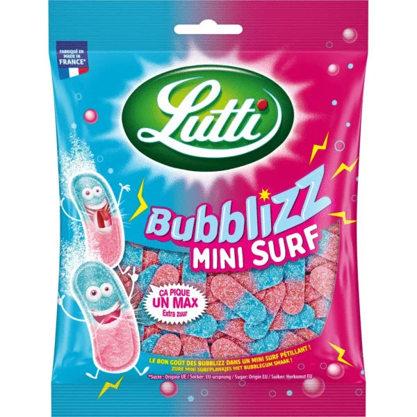 The Twice as Sweet Lutti Bubblizz Mini Surf 180g (France) bag shows pink and blue sugared candy through a clear window, with playful cartoon sweets, bright French text, and colorful graphics on the packaging.
