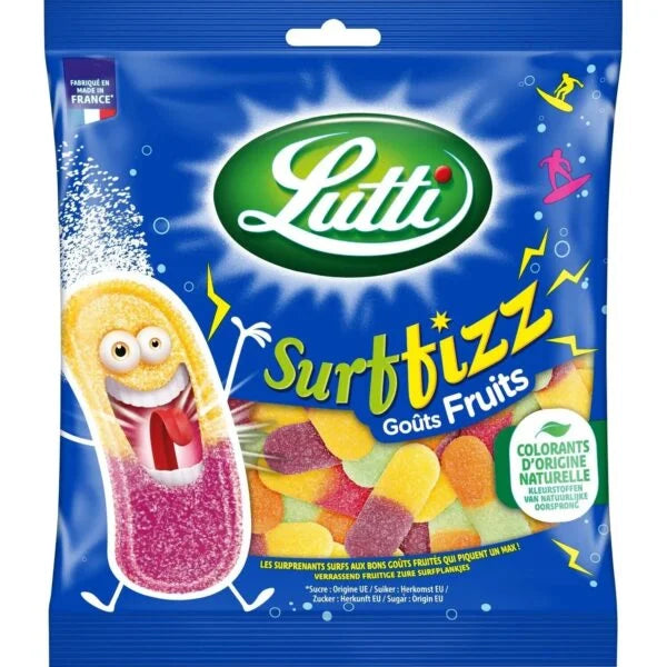 A 200g blue bag of Twice as Sweet Lutti Surffizz French candy, filled with colorful sour gummies and a cheerful cartoon mascot. The packaging also highlights colorants d’origine naturelle (natural colors) in French.