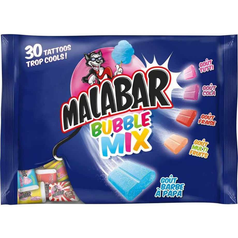 A blue 214g pack of Malabar Bubble Mix by Twice as Sweet (France), featuring assorted flavors, a cartoon cat with cotton candy, colorful fruity gums, and 30 cool tattoo designs.