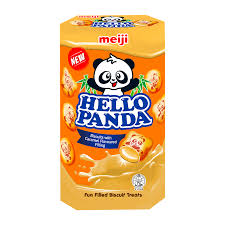 A 43g orange box of Meiji Hello Panda Caramel Biscuits by Twice as Sweet features cartoon pandas and snack images—this fun-filled caramel biscuit treat is popular in Singapore.