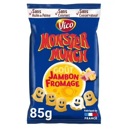 The Twice as Sweet Monster Munch Ham & Cheese 85g (France) features ghost-shaped snacks with French text on the pack highlighting no palm oil, coloring, or preservatives.