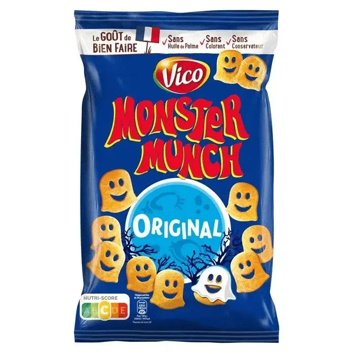 A blue 85g bag of Twice as Sweet Monster Munch Original from France features smiling ghost-shaped potato snacks, French labels, and a Nutri-Score chart in the bottom left corner.