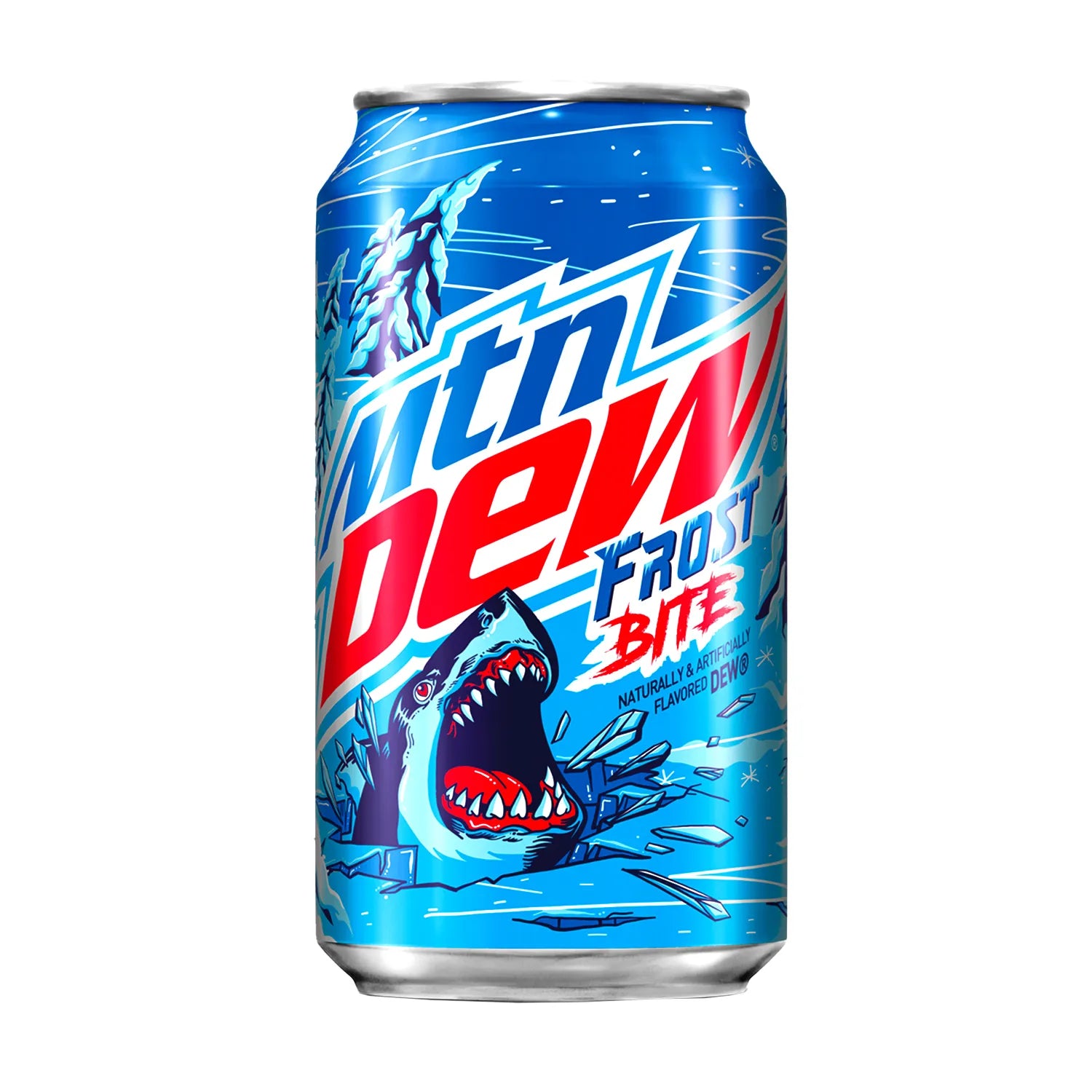 The Twice as Sweet Mountain Dew Frost Bite 355mL (USA) can features a large shark, icy water splashes, and bold red and white text on a dynamic blue background, offering ultimate icy refreshment.