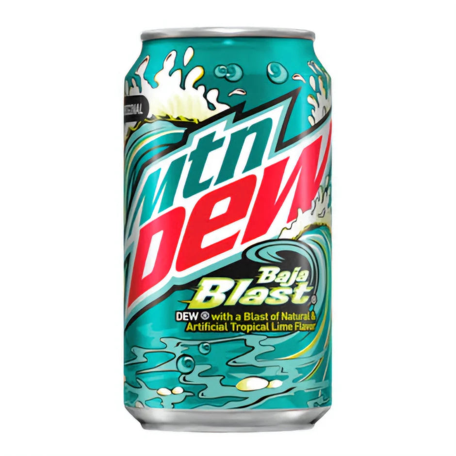 A 355mL can of Twice as Sweet Mountain Dew Baja Blast (USA) with a teal-green wave design, red and white Mtn Dew logo, and Baja Blast text—originally a Taco Bell-exclusive tropical lime flavor.