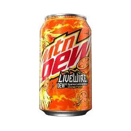 A 355mL can of Twice as Sweet Mountain Dew Livewire (USA) features the Mountain Dew logo, orange slice imagery, lightning graphics, and highlights this citrus sodas artificial orange flavor.