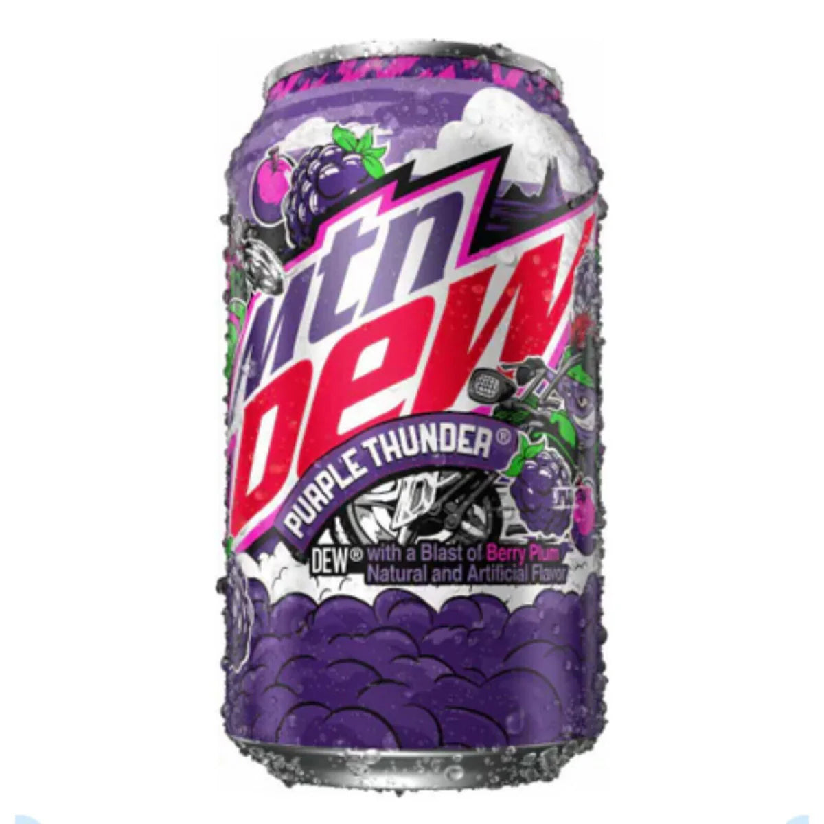 A chilled 355mL can of Mountain Dew Purple Thunder (USA) by Twice as Sweet displays bold red and white logo text with illustrated blackberries and plums on a vibrant purple background, accented by condensation.