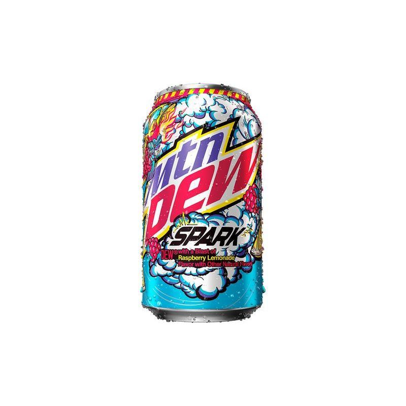 A cold 355mL can of Twice as Sweet Mountain Dew Spark (USA) shows vibrant raspberry and lemon graphics, bold text, lemonade raspberry flavor highlights, and visible water droplets on the colorful label.