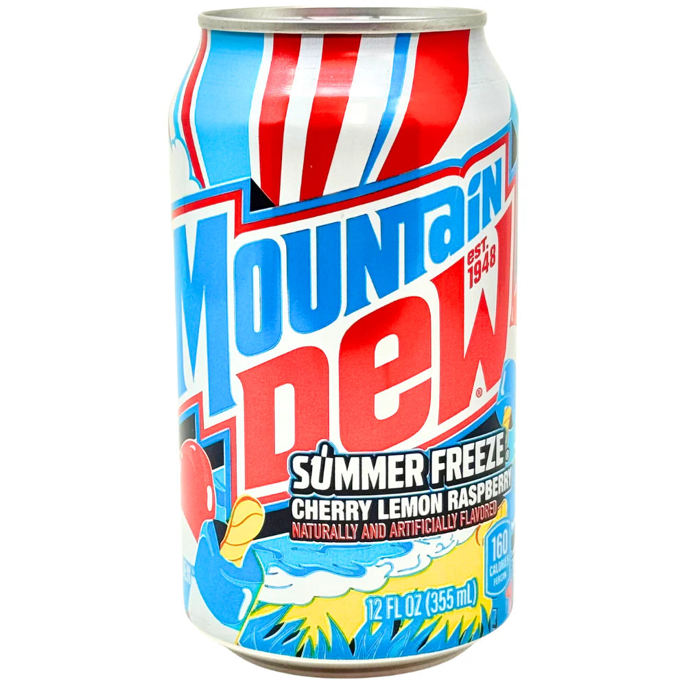 A 355mL can of Twice as Sweet’s Mountain Dew Summer Freeze (USA) features red, white, and blue graphics with cherries and popsicles, offering cherry lemon raspberry flavor and citrusy refreshment at only 160 calories per can.