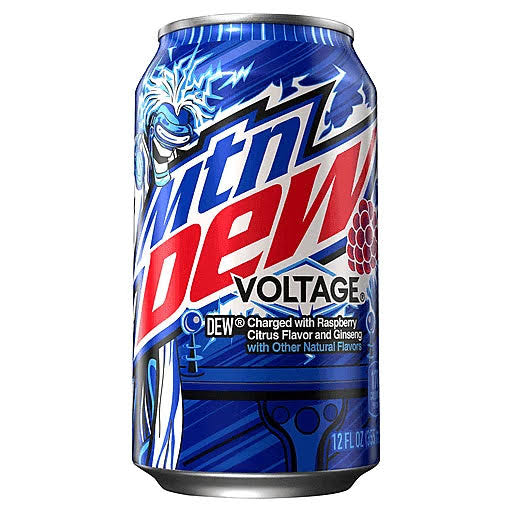A 355mL can of Twice as Sweet Mountain Dew Voltage (USA) spotlights its energizing raspberry citrus flavor with ginseng, featuring bold red and white branding, electrifying blue lightning, and vivid raspberry graphics.