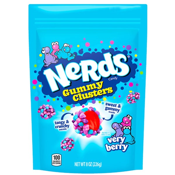 A blue 226g bag of Twice as Sweet Nerds Gummy Clusters Very Berry (USA), with colorful Nerds cartoon characters, images of berry candies, and text highlighting tangy & crunchy, sweet & gummy, and very berry flavor.