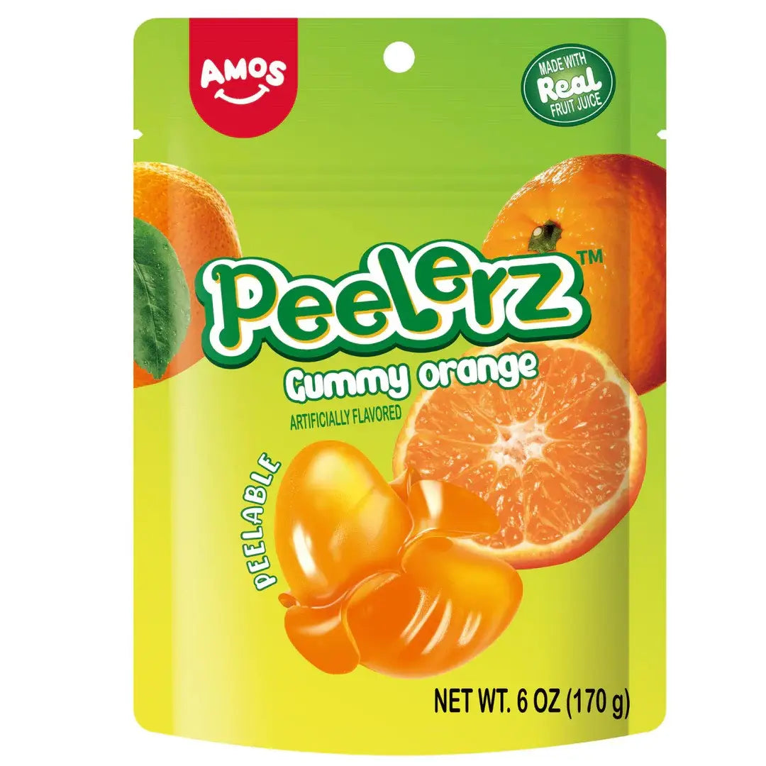 A yellow and green bag of Twice as Sweet Peelerz Gummy Orange 170g (China), showing images of an orange and gummy segments, labeled "Gummy orange", "PeeLablE", and "Made with real fruit juice". Net weight: 6 oz (170 g).
