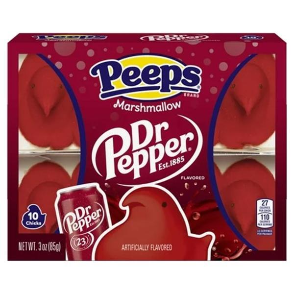 Twice as Sweet’s Peeps Dr Pepper Chicks 10 Count 85g (USA) features red marshmallow treats in a bold Dr Pepper can design box with striking branding. Each limited edition box contains 10 marshmallow chicks.
