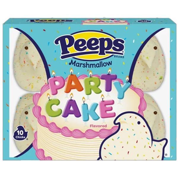 Twice as Sweet Peeps Party Cake Chicks 10 Count 85g (USA) features marshmallow chicks with colorful sprinkles and vanilla cake flavor, packaged with a fun birthday cake illustration and confetti.