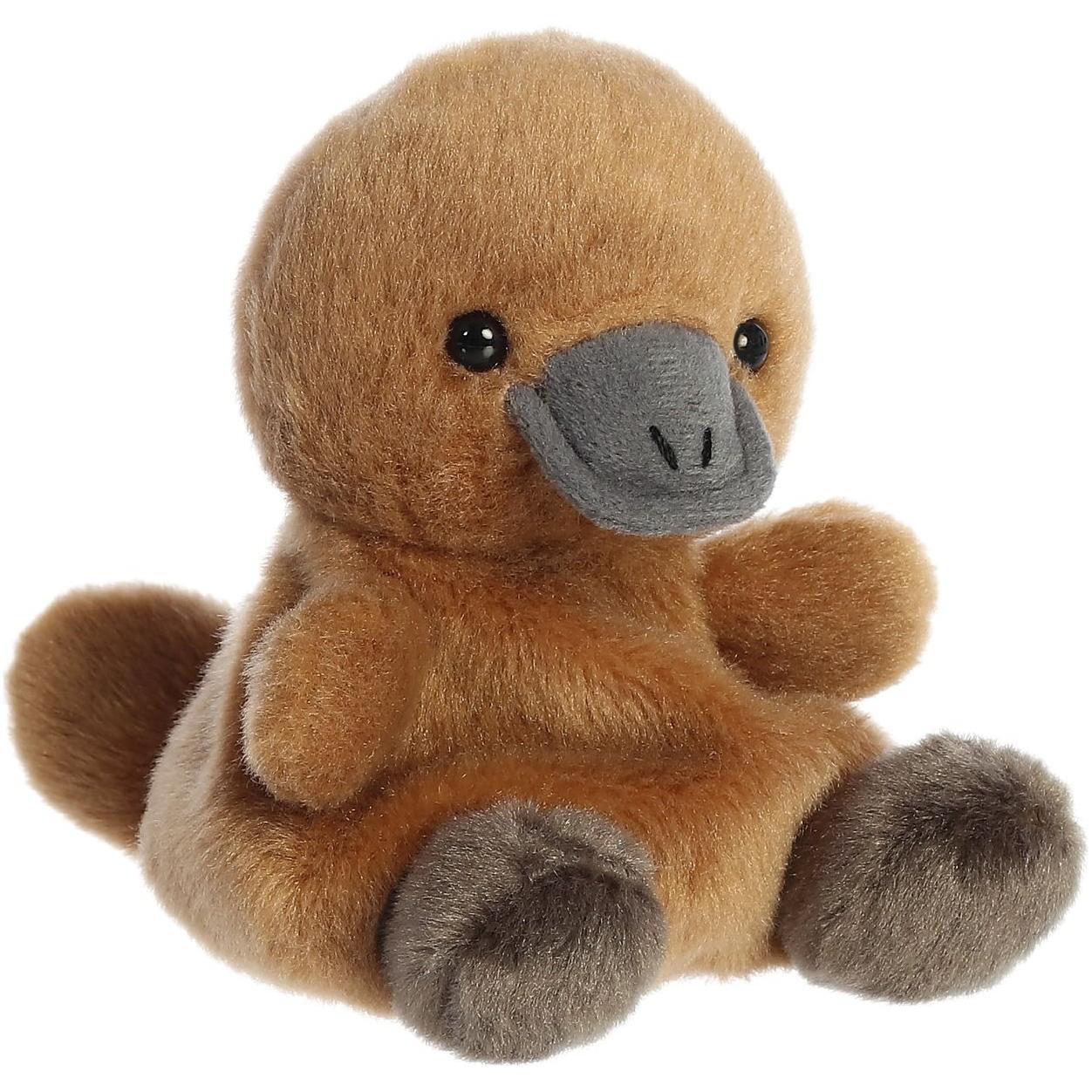 Twice as Sweets Palm Pal Patty Platypus is a plush toy with soft brown fur, gray bill, and dark gray webbed feet. Sitting upright with shiny black eyes, this cuddly forest animal plush has a cute and friendly look.