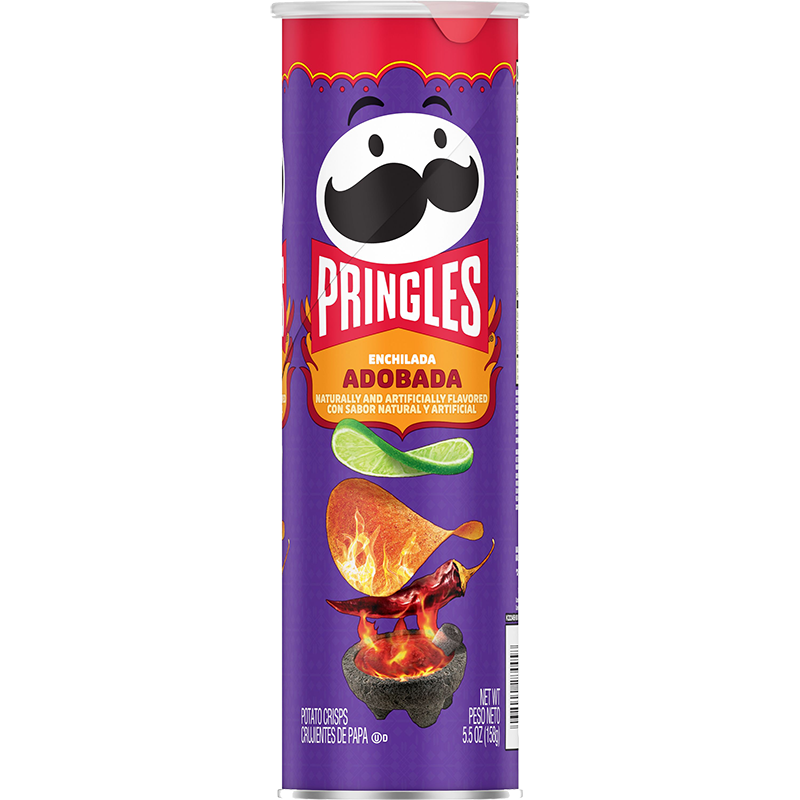 A tall, purple 158g can of Twice as Sweet Pringles Enchilada Adobada (USA) features spicy chip, chili pepper, flames, and lime graphics on the front, with the mustachioed Pringles logo at the top.