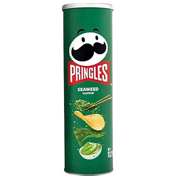 A tall green can of Twice as Sweet Pringles Seaweed 110g (China) features the iconic mustachioed logo and seaweed imagery—ideal for those seeking a unique, savory snack.