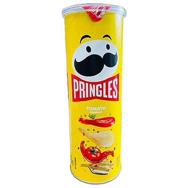 A yellow 110g can of Twice as Sweet Pringles Tomato from China displays the Pringles logo and images of chips, tomatoes, and chili peppers, showcasing its bold tomato flavor.