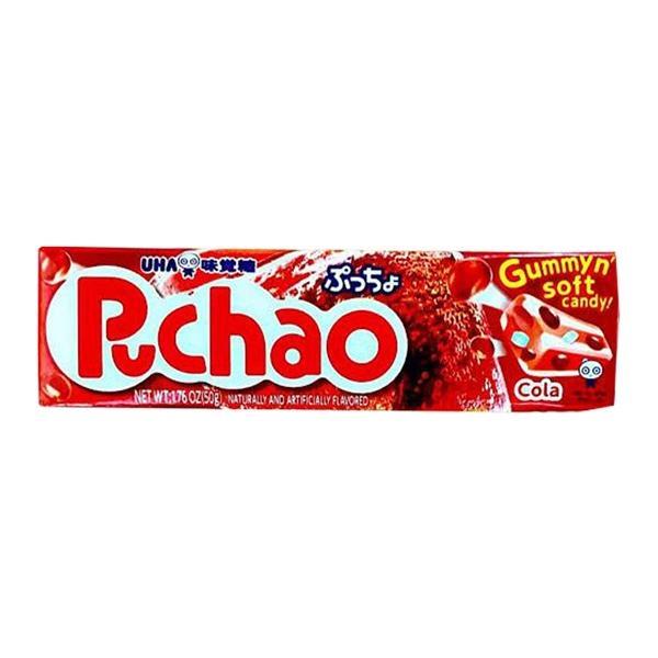 A 50g package of Puchao Cola by Twice as Sweet, a Japanese chewy candy, features red and white packaging with bubbly cola graphics, English and Japanese text, and an image of the candy piece.