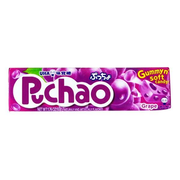 Puchao Grape 50g (Japan) by Twice as Sweet is a chewy grape-flavored candy in purple and white packaging with English and Japanese text and purple grapes on the wrapper.