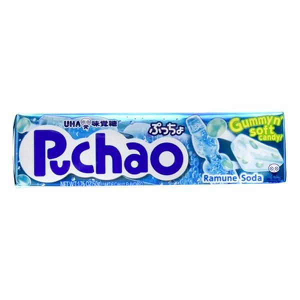 A 50g pack of Twice as Sweet Puchao Ramune Soda chewy Japanese candy, with a vibrant blue and white wrapper featuring bubbles, candies, and a soda bottle design.
