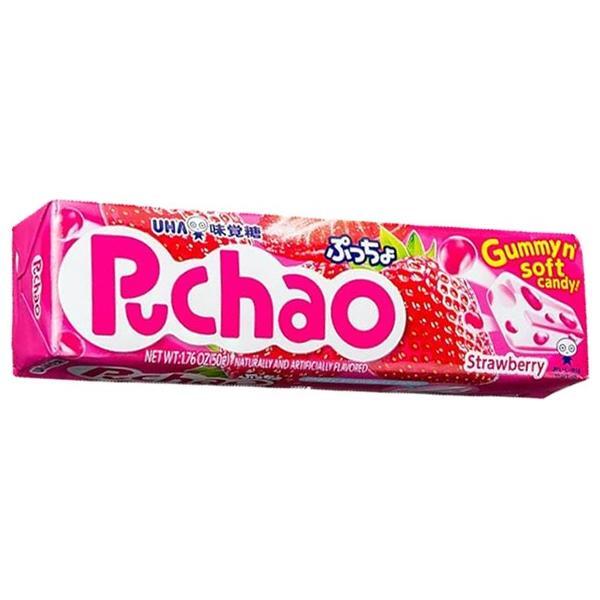 A 50g pack of Puchao Strawberry chewy candy by Twice as Sweet, featuring strawberry images and Japanese text on a bright pink background—a fun Japanese treat.