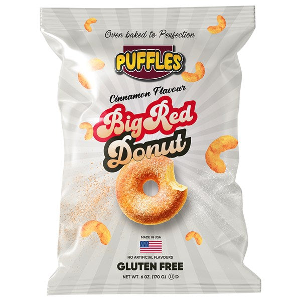 A 170g bag of Twice as Sweet Puffles Cinnamon Donut Puffs (USA), a sweet cinnamon snack in white packaging with donut-shaped corn puffs, bold red and yellow product name, and labels for gluten free, made in USA, and no artificial flavors.