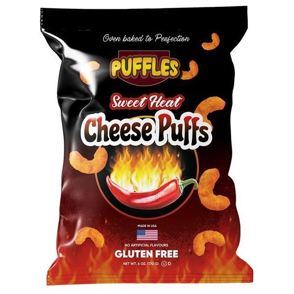 Twice as Sweet Puffles Sweet Heat Cheese Puffs 170g (USA) features spicy cheese puffs with a red chili pepper and flames on a black and red background, highlighting “Gluten Free” and “No Artificial Flavours.”.