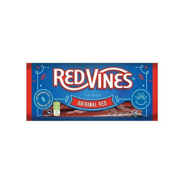 A package of Twice as Sweet Red Vines Original Red Twist 141g (USA) is shown, featuring blue packaging with red accents, the product name and logo, plus a clear window revealing the classic red licorice twists inside.
