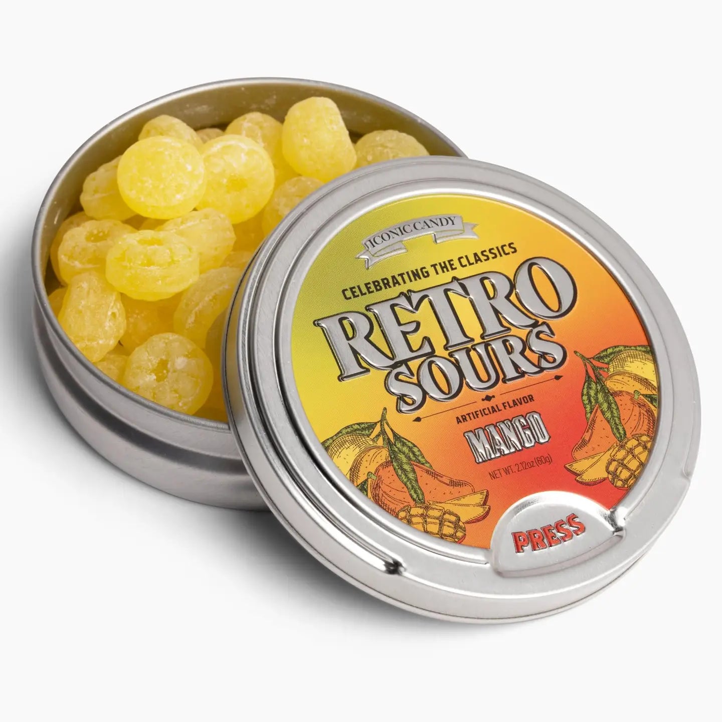 A round tin of Twice as Sweet Retro Sours Mango 60g (USA) sour candy, with a partially open lid featuring mango images and bold “Retro Sours Mango” text on an orange-yellow gradient—celebrating this classic American treat.