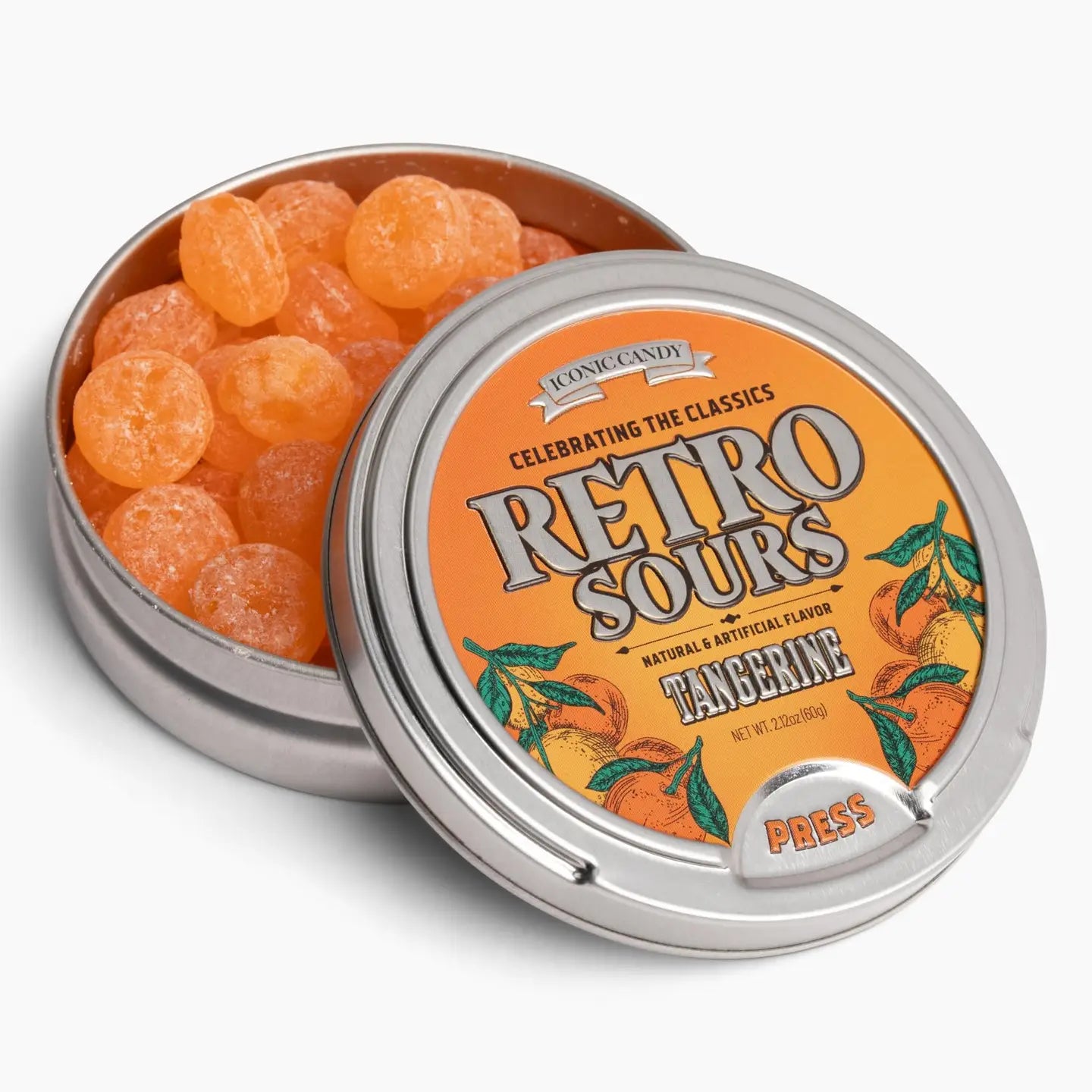 An open round silver tin of Twice as Sweet Retro Sours Tangerine 60g (USA) reveals orange sour candies. The lid, decorated with tangerines and vintage-style text, adds nostalgic charm to this classic American treat.