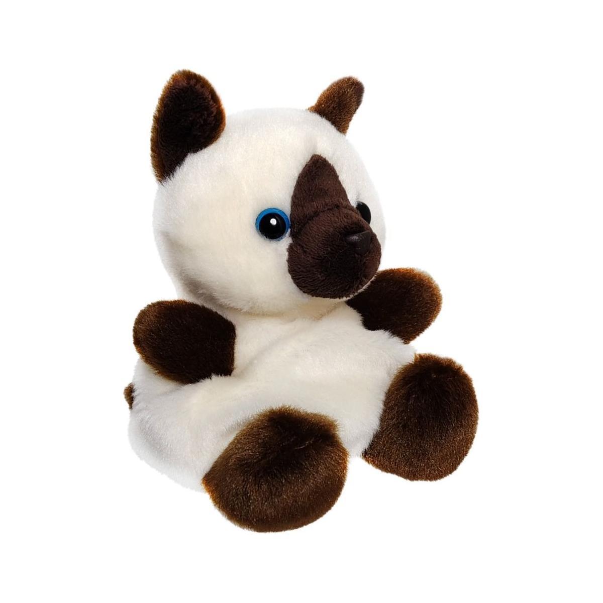 The Palm Pal Dusty Siamese Kitty by Twice as Sweet sits upright against a white background, featuring cream fur with dark brown ears, paws, tail, face markings, and blue button-like eyes.