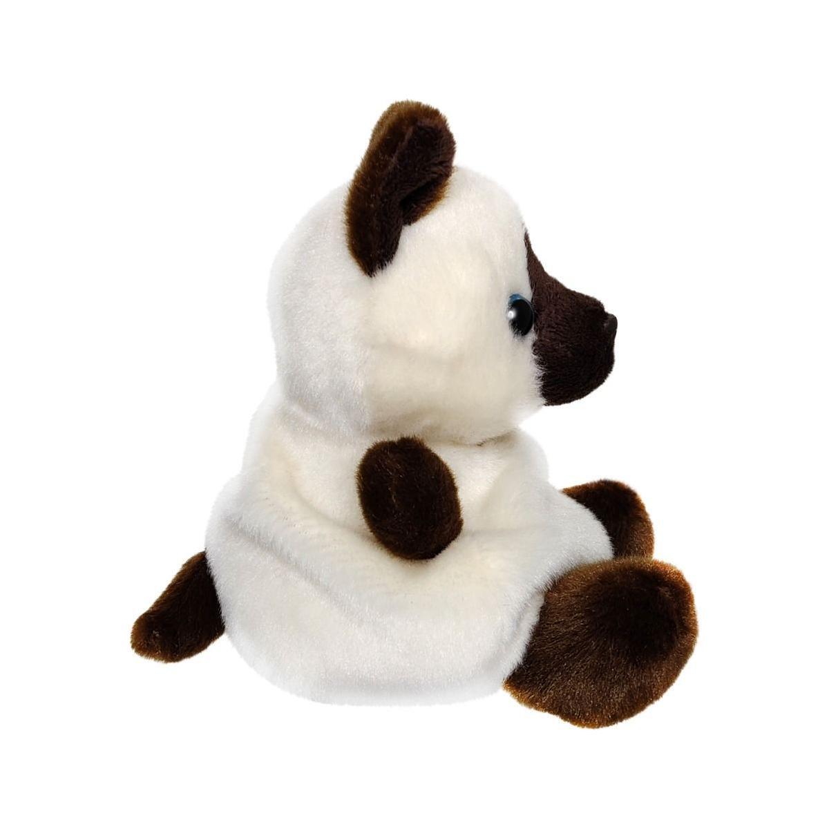 A Twice as Sweet Palm Pal Dusty Siamese Kitty plush with cream fur and dark brown ears, face, paws, and tail is shown in profile view against a white background.
