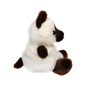 A Twice as Sweet Palm Pal Dusty Siamese Kitty plush with cream fur and dark brown ears, face, paws, and tail is shown in profile view against a white background.
