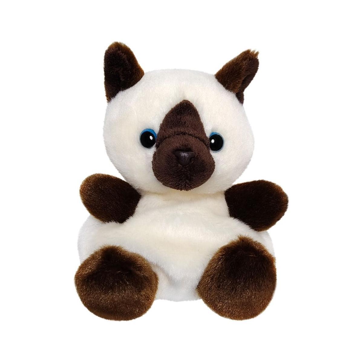 The Twice as Sweet Palm Pal Dusty Siamese Kitty, featuring cream fur, dark brown accents, blue eyes, and a round body, sits upright against a white background.