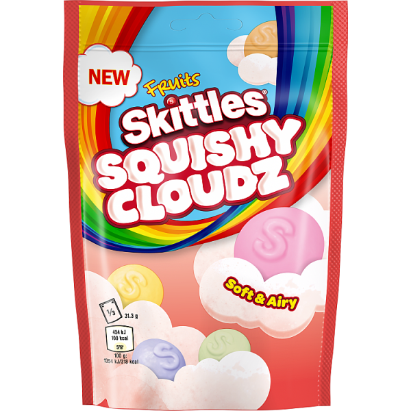 Twice as Sweets Skittles Squishy Cloudz Fruits 94g (UK) offers colorful, pastel, cloud-shaped chewy candy with a soft and airy texture in a rainbow-themed bag labeled NEW and Squishy Cloudz.